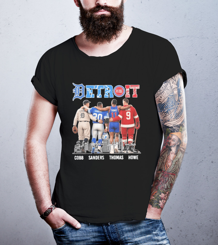Detroit Icons Ty Cobb Barry Sanders Isiah Thomas Gordie Howe Signatures Skyline T-Shirt