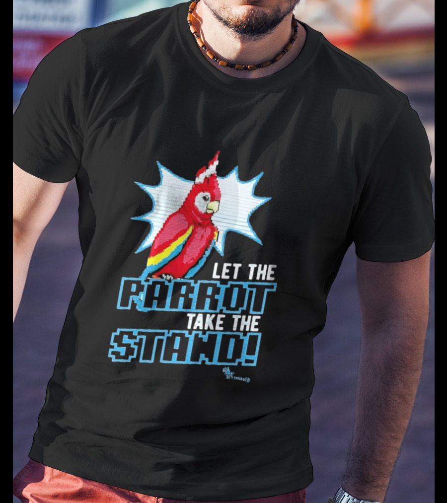 Let The Parrot Take The Stand Vibrant Red Bird With Santa Hat And Blue Starburst T-Shirt