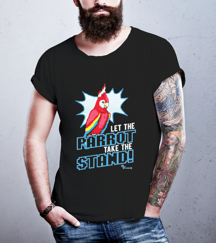 Let The Parrot Take The Stand Vibrant Red Bird With Santa Hat And Blue Starburst T-Shirt