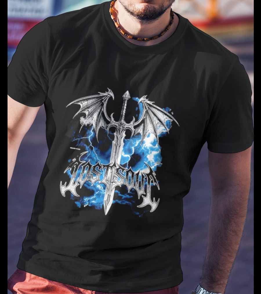 Lost Soul Gothic Sword With Wings And Blue Lightning T-Shirt