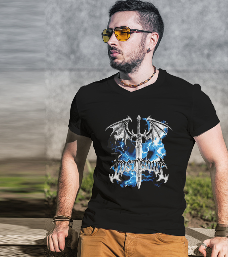 Lost Soul Gothic Sword With Wings And Blue Lightning T-Shirt