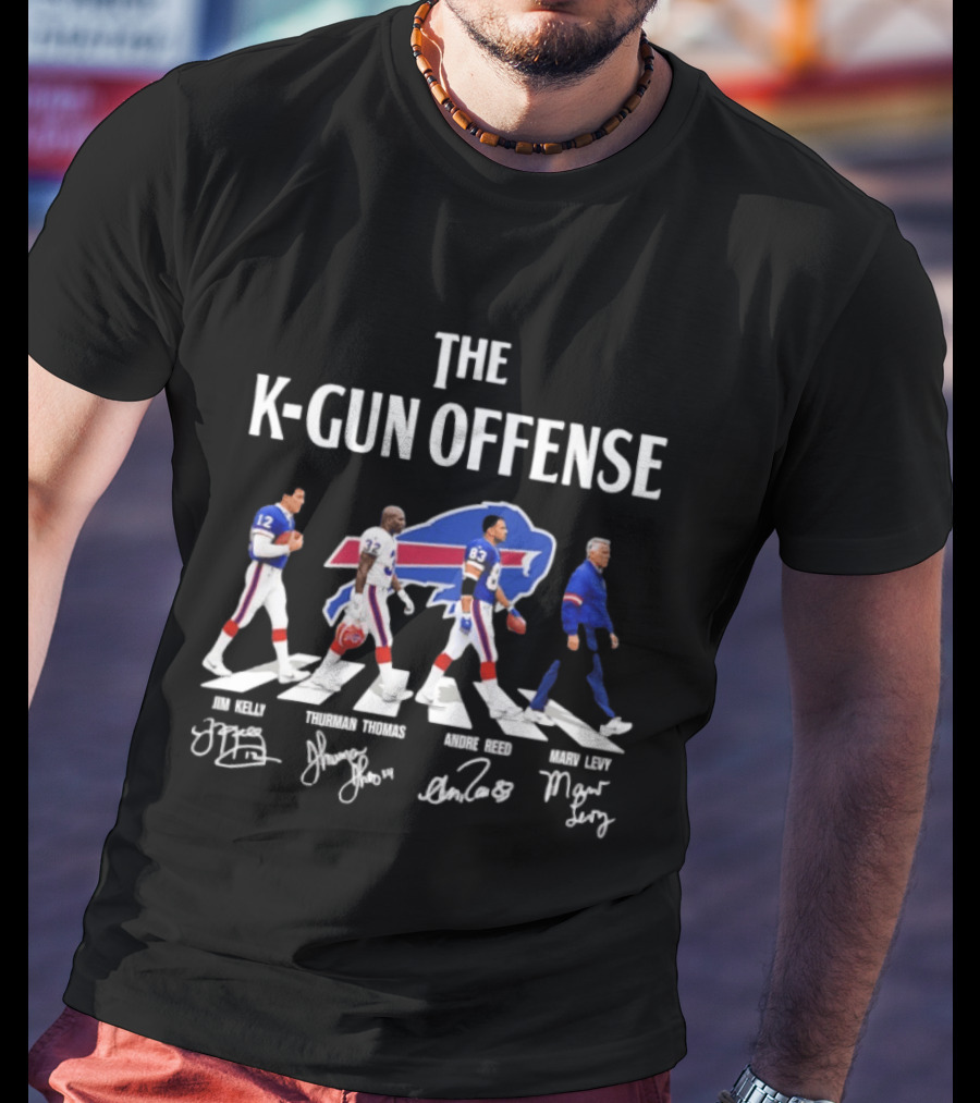 The K Gun Offense Buffalo Bills Jim Kelly Thurman Thomas Andre Reed Marv Levy Abbey Road With Signatures T-Shirt