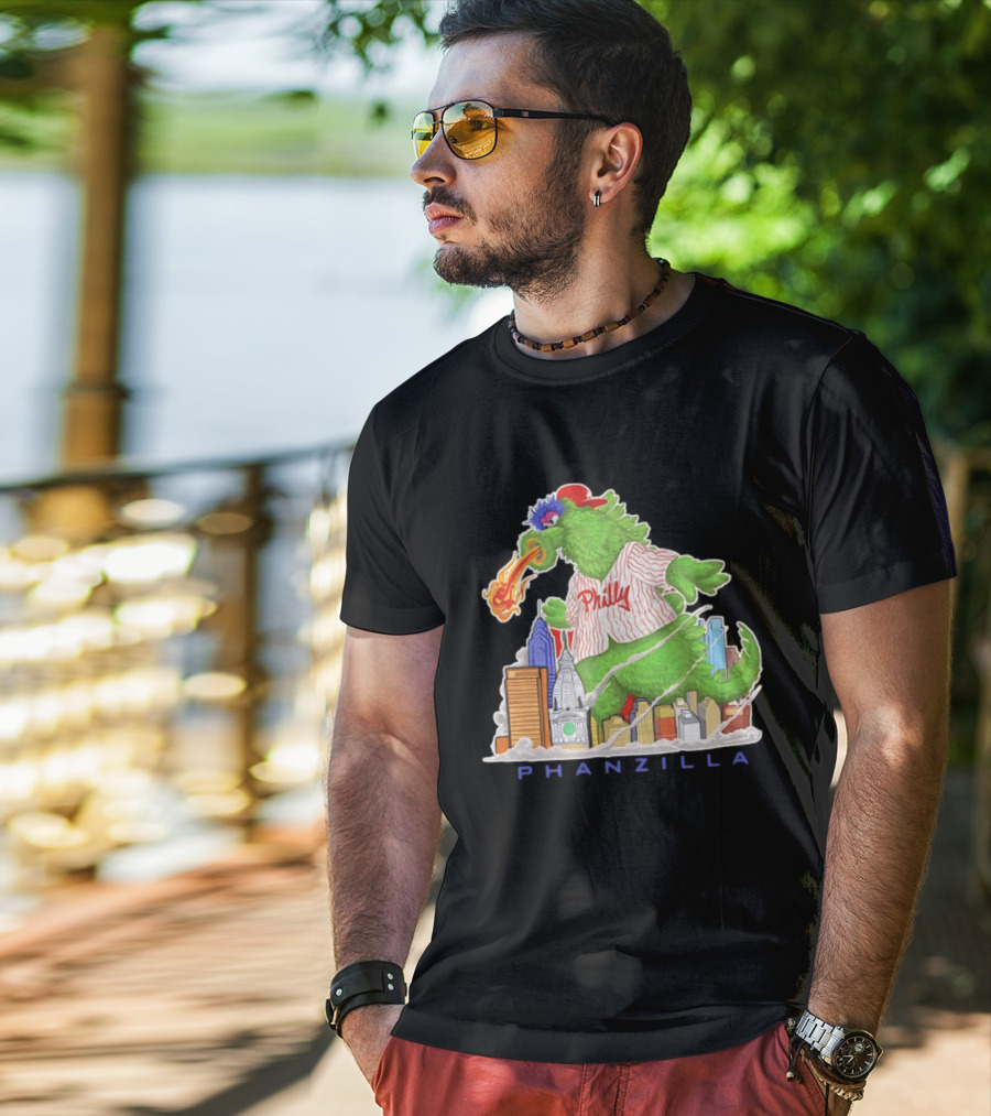 Phillie Phanatic Phanzilla Cityscape Fire Breathing Baseball T-Shirt