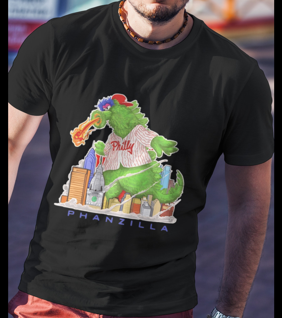 Phillie Phanatic Phanzilla Cityscape Fire Breathing Baseball T-Shirt