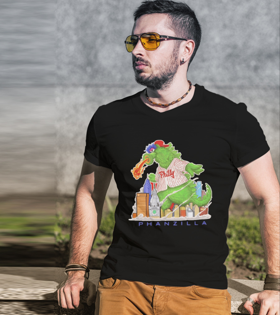 Phillie Phanatic Phanzilla Cityscape Fire Breathing Baseball T-Shirt