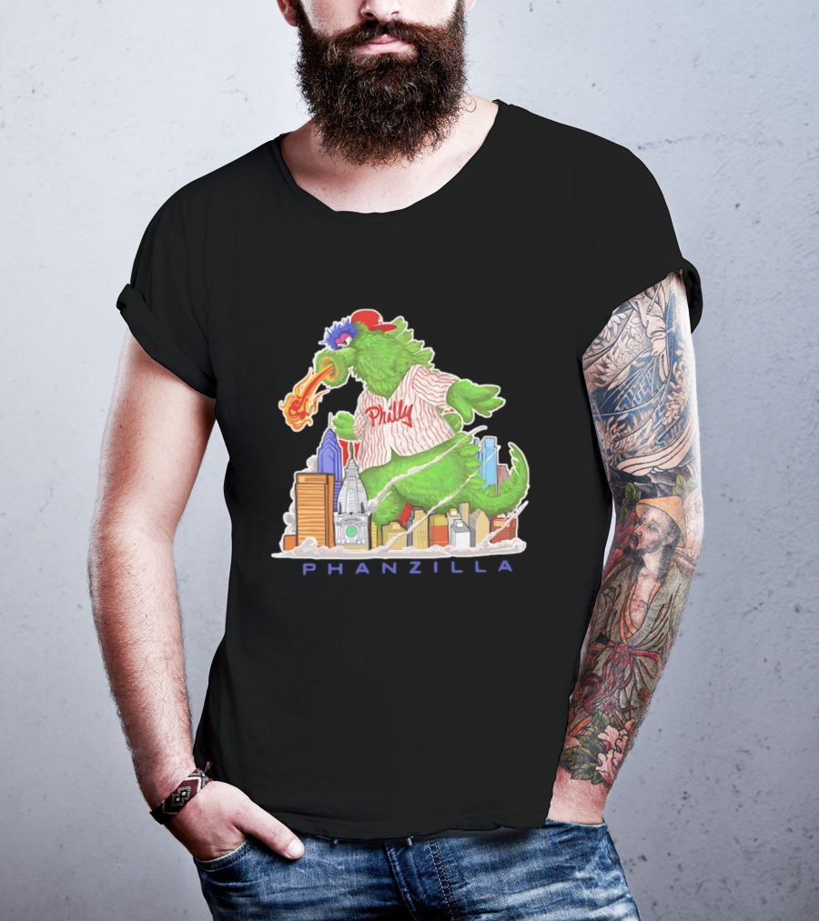 Phillie Phanatic Phanzilla Cityscape Fire Breathing Baseball T-Shirt