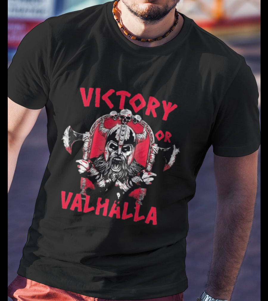 Victory Or Valhalla Viking Warrior Skull Axe Helmet Norse T-Shirt