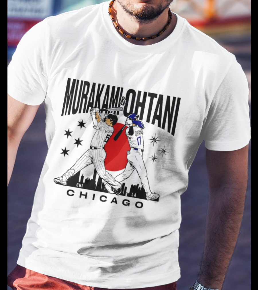 Murakami Ohtani Chicago Baseball Crossed Bats Skyline Stars Red Sun Japan T-Shirt