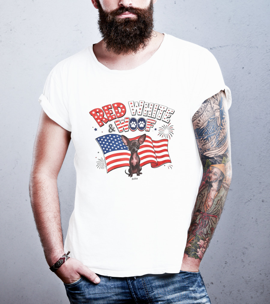 Chihuahua Red White And Woof US Flag Fireworks Celebration T-Shirt