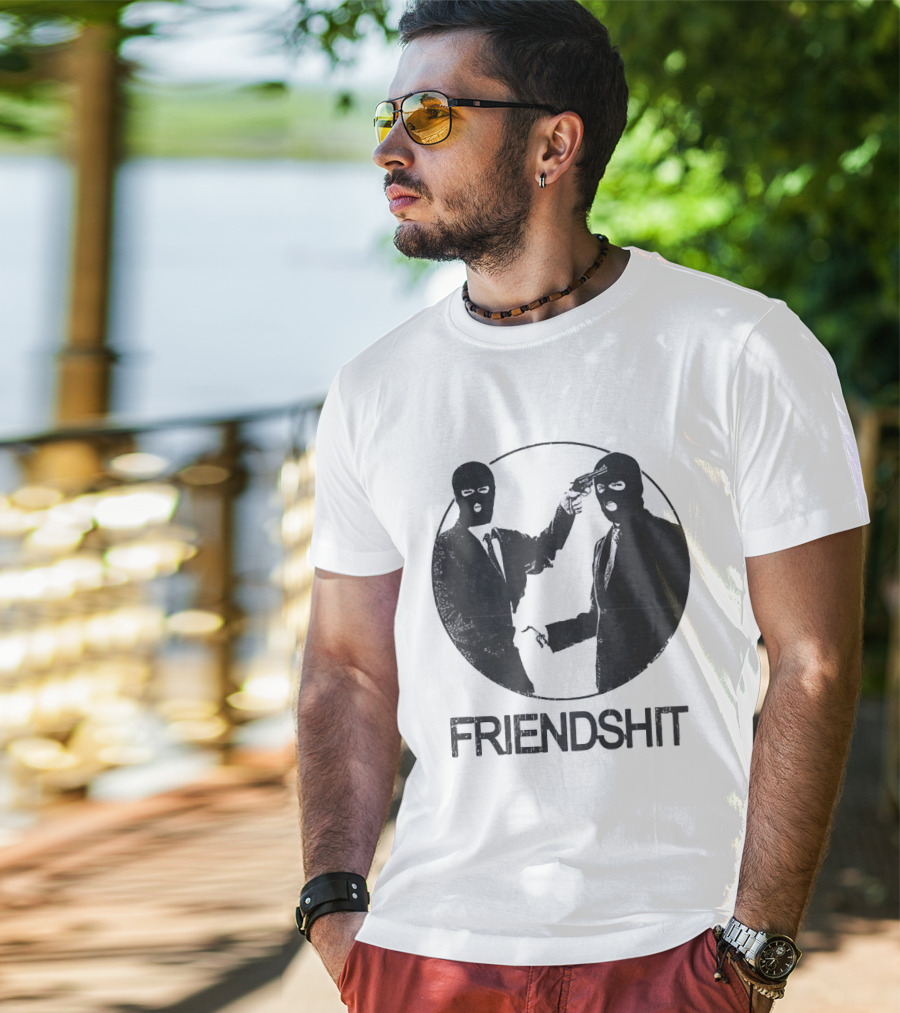 FRIENDSHIT Ski Mask Men Handshaking Gun Gesture T-Shirt