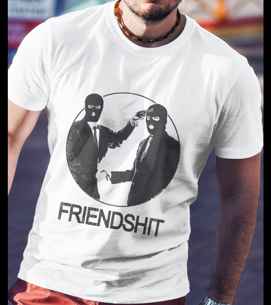 FRIENDSHIT Ski Mask Men Handshaking Gun Gesture T-Shirt