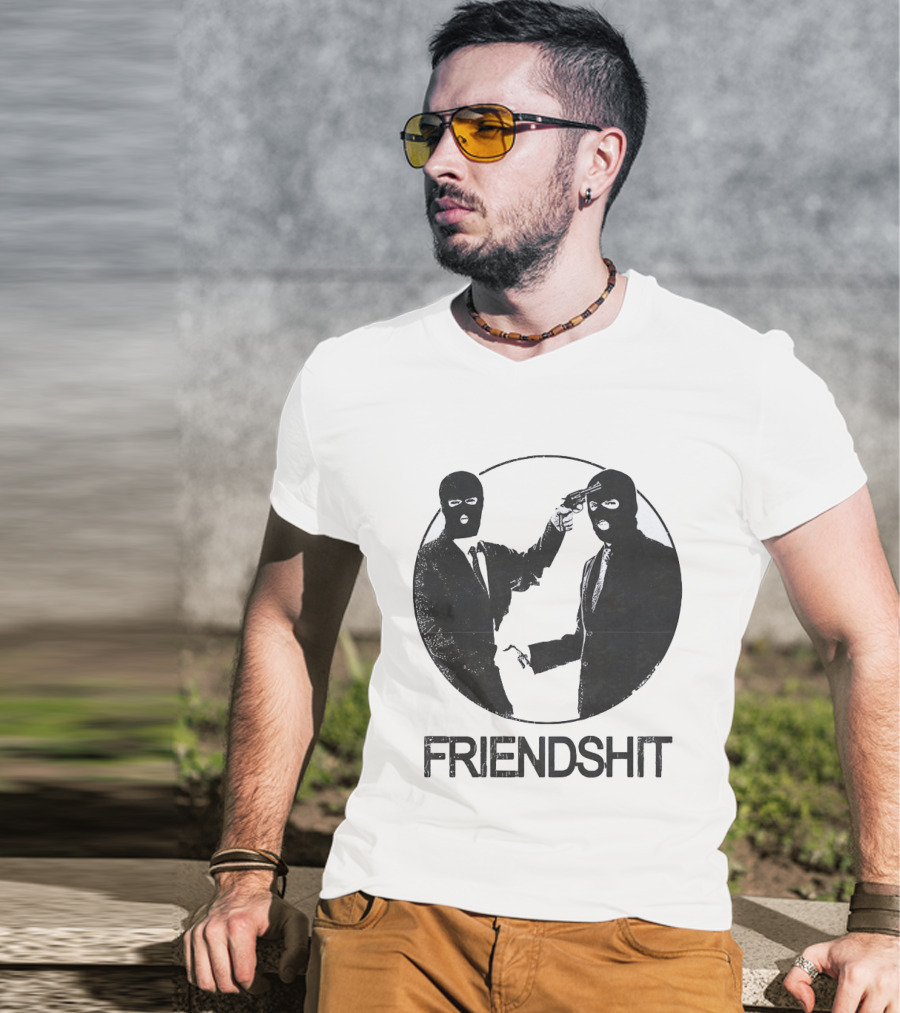 FRIENDSHIT Ski Mask Men Handshaking Gun Gesture T-Shirt