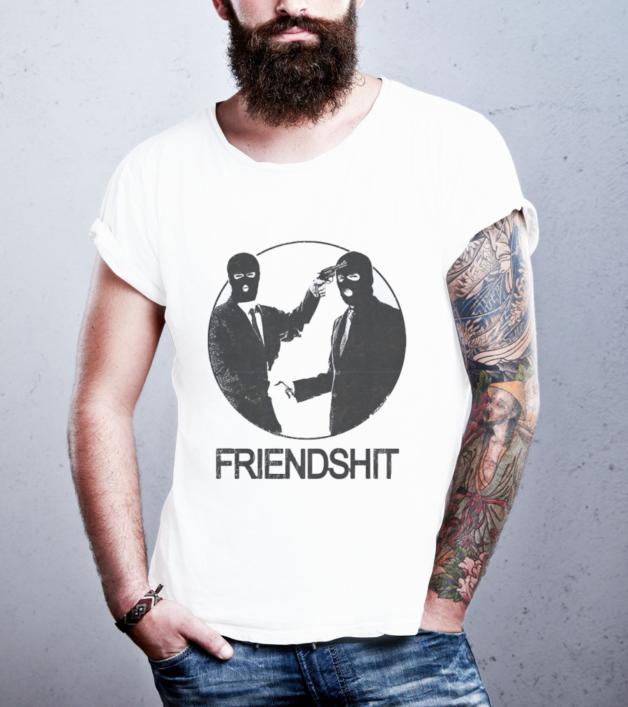 FRIENDSHIT Ski Mask Men Handshaking Gun Gesture T-Shirt