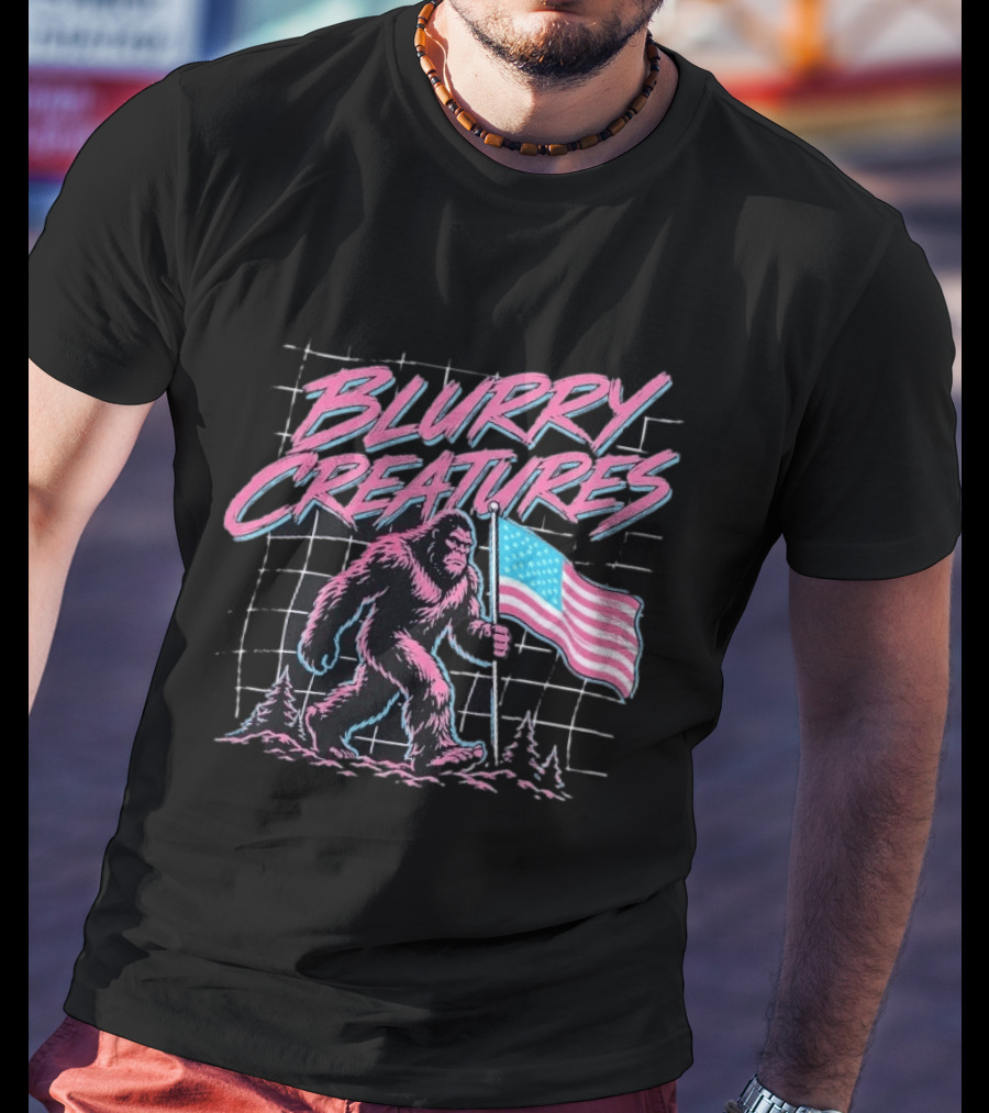 Blurry Creatures Bigfoot Holding American Flag With Retro Grid T-Shirt
