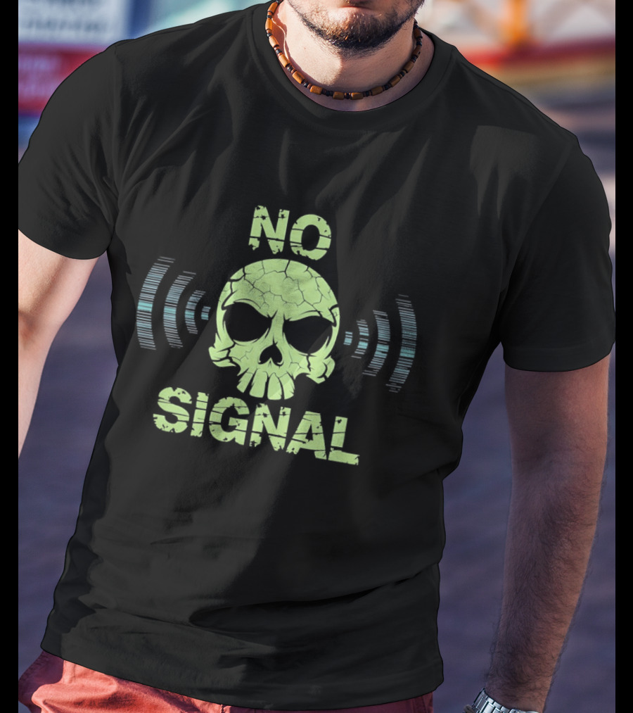 No Signal Skull Radio Waves Cracked T-Shirt