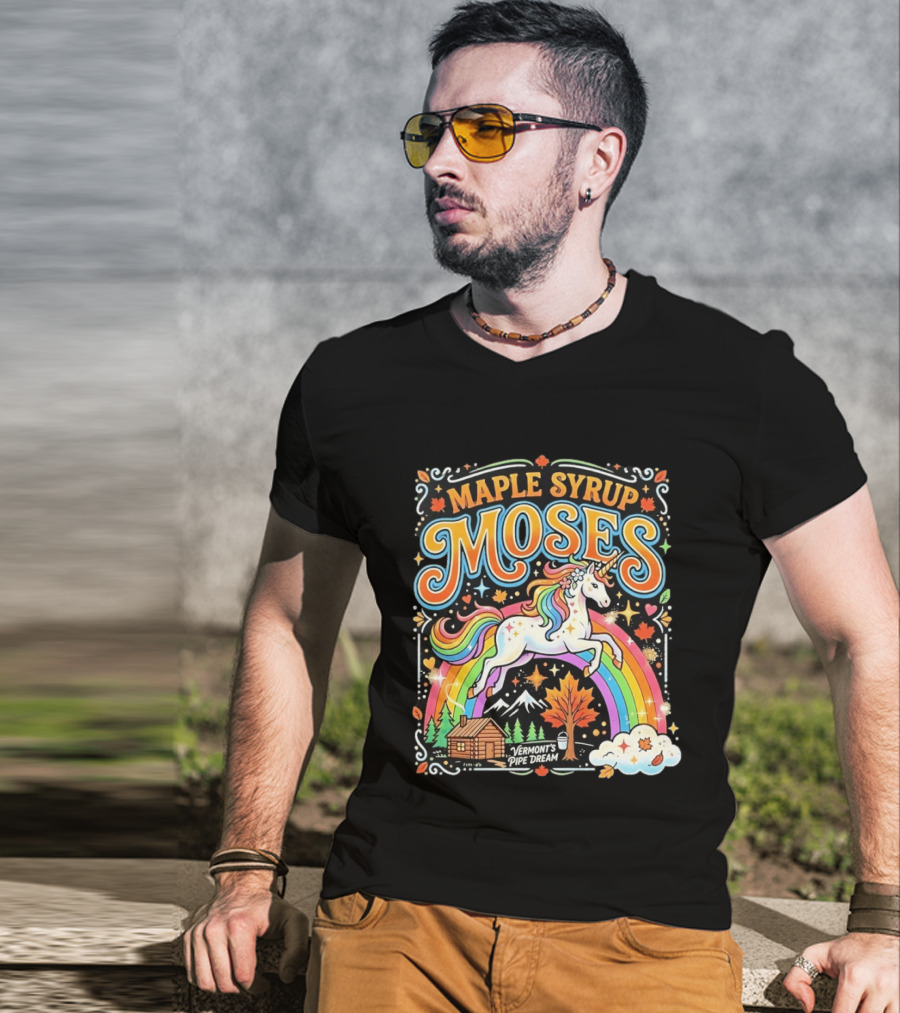 Maple Syrup Moses Rainbow Unicorn Vermont's Pipe Dream T-Shirt