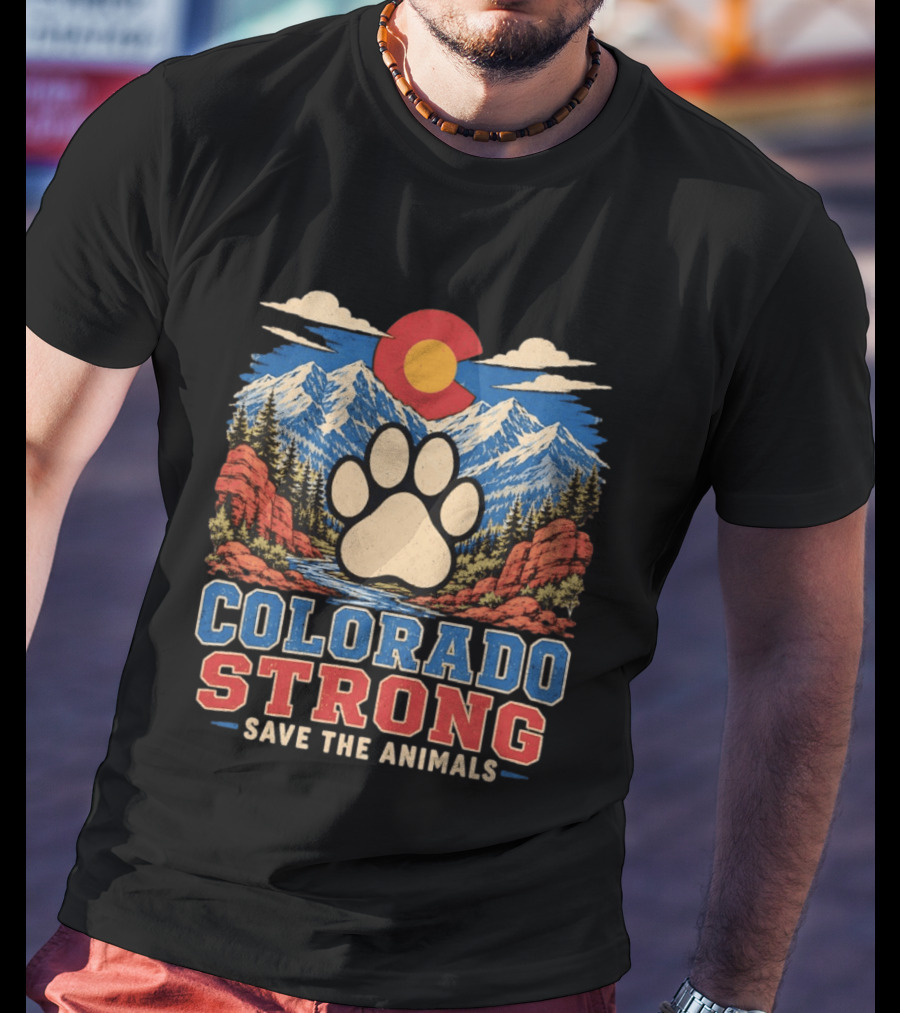 Colorado Strong Paw Print Save The Animals Mountain Sunset Landscape T-Shirt