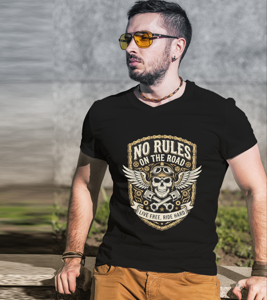No Rules On The Road Live Free Ride Hard Skull Wings Goggles T-Shirt