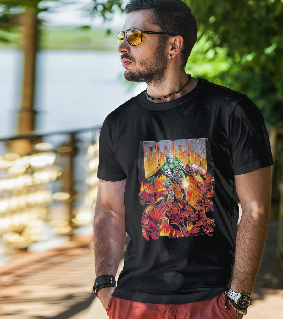 Doom Marine Warren Lotas Retro Video Game Demon Slayer Action Scene T-Shirt