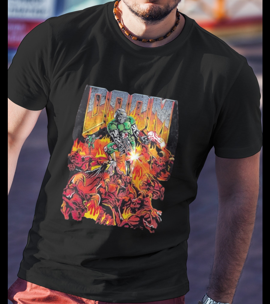 Doom Marine Warren Lotas Retro Video Game Demon Slayer Action Scene T-Shirt