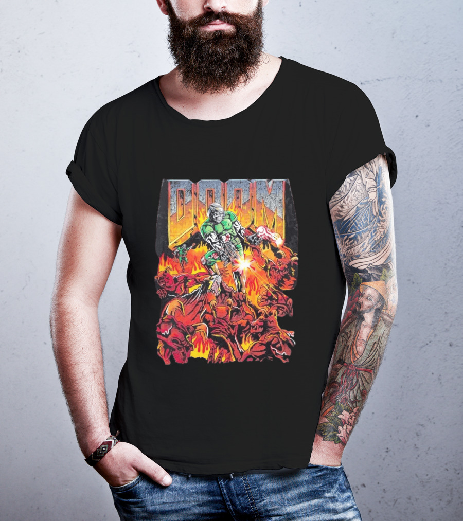 Doom Marine Warren Lotas Retro Video Game Demon Slayer Action Scene T-Shirt