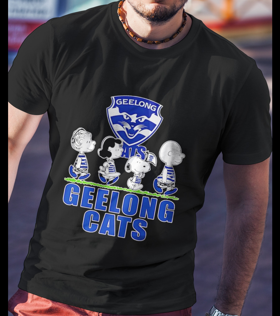 Peanuts Snoopy Charlie Brown Lucy Schroeder Geelong Cats AFL Fan T-Shirt