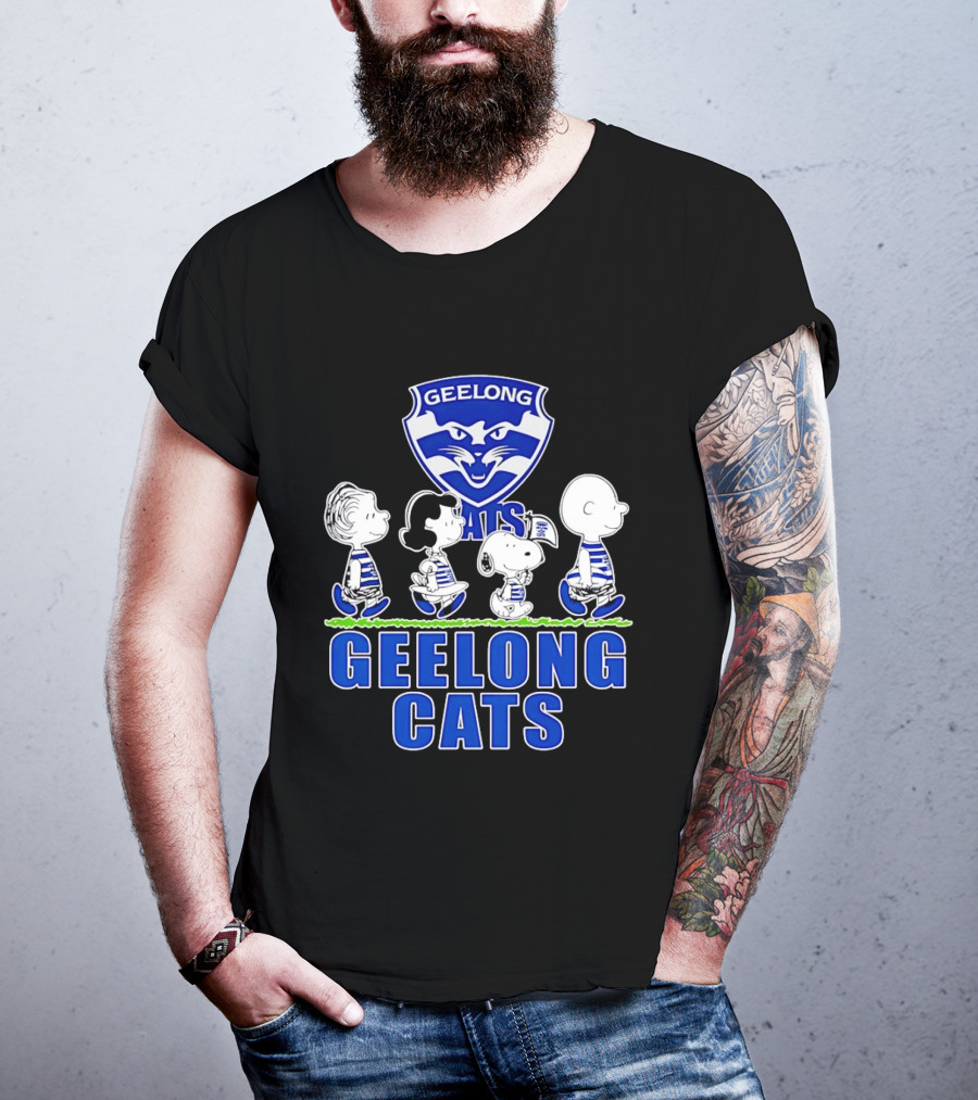 Peanuts Snoopy Charlie Brown Lucy Schroeder Geelong Cats AFL Fan T-Shirt