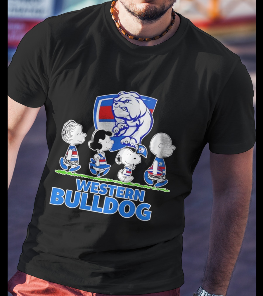 Peanuts Snoopy Charlie Brown Western Bulldogs AFL Team Lucy Schroeder T-Shirt