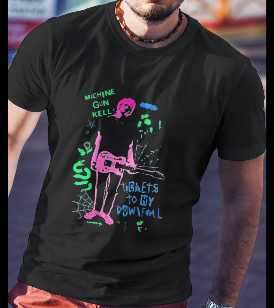 Machine Gun Kelly Skeleton Tickets To My Downfall Neon Pink Green Blue T-Shirt