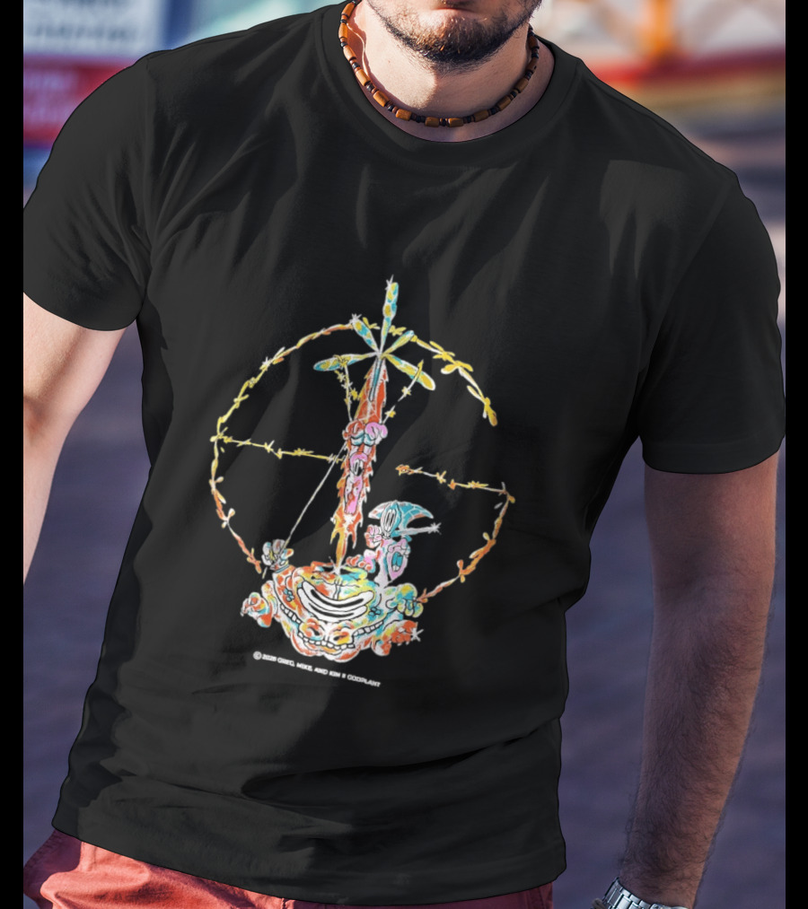 Psychedelic Skeleton Cross Barbed Wire Flowers T-Shirt