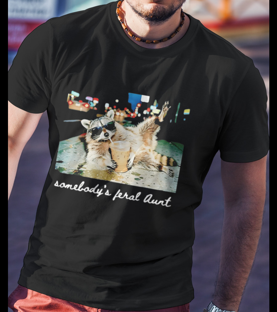 Somebody's Feral Aunt Raccoon Drinking Iced Coffee T-Shirt