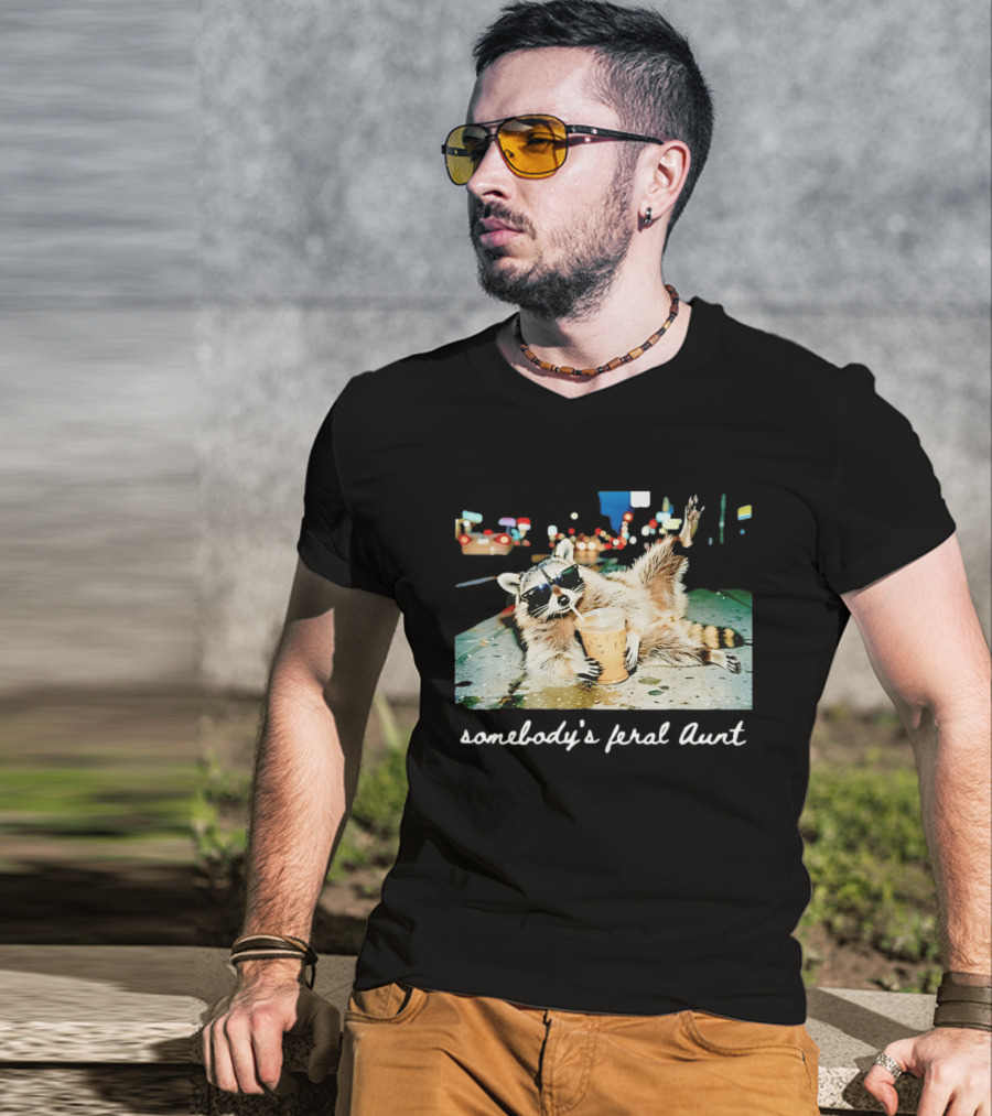 Somebody's Feral Aunt Raccoon Drinking Iced Coffee T-Shirt