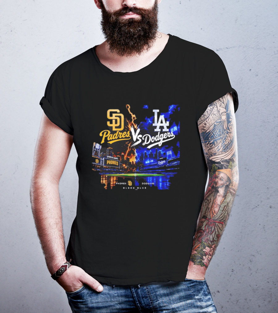San Diego Padres Vs Los Angeles Dodgers Bleed Blue Petco Park Stadium Lightning T-Shirt