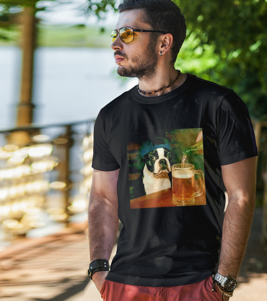 Boston Terrier Baseball Cap Drinking Beer T-Shirt