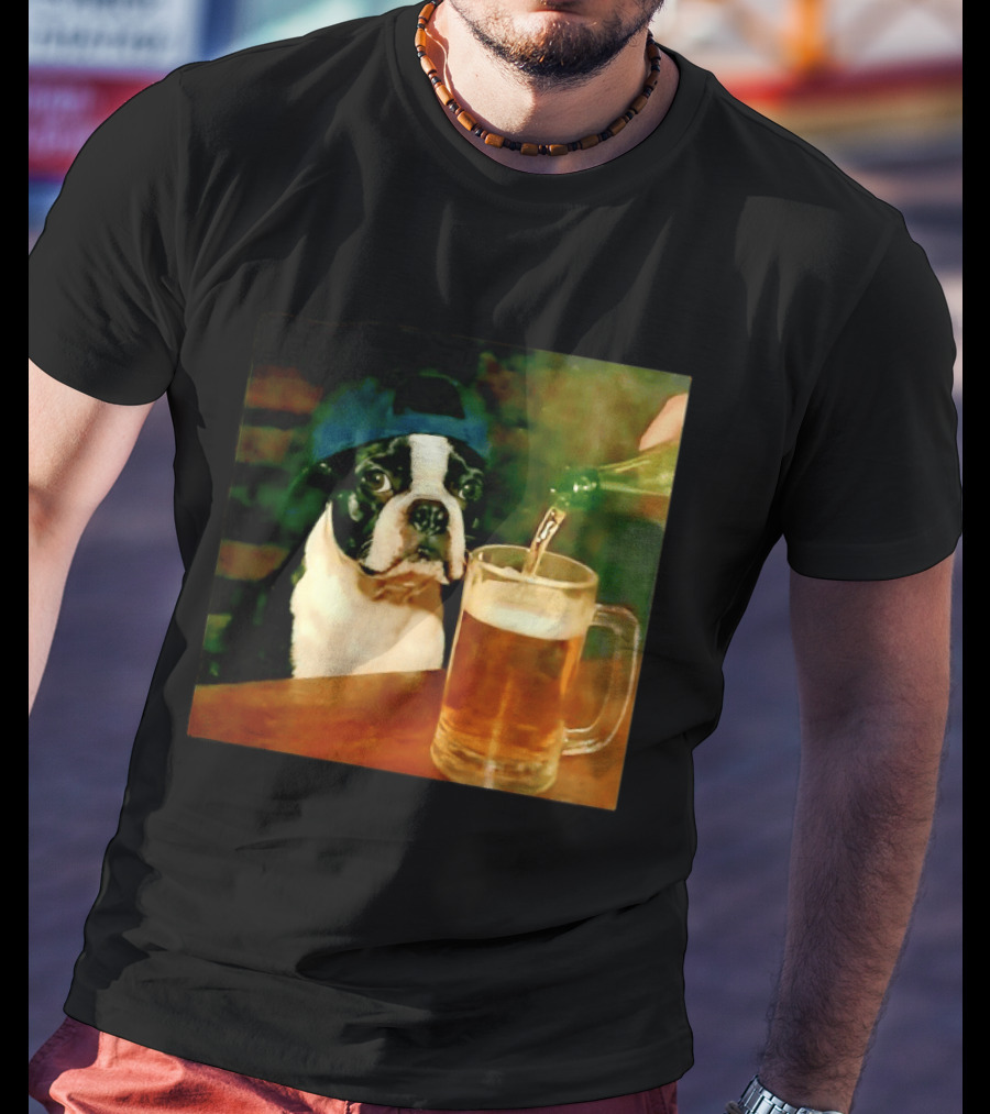 Boston Terrier Baseball Cap Drinking Beer T-Shirt