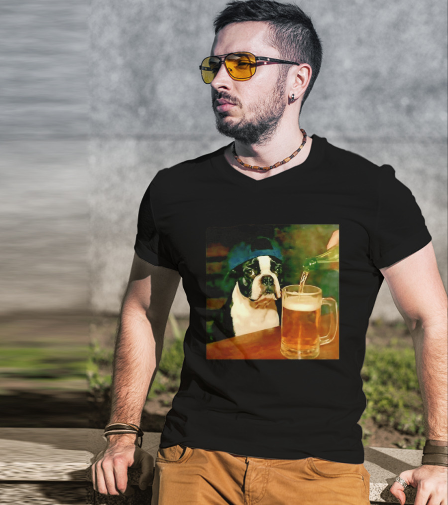 Boston Terrier Baseball Cap Drinking Beer T-Shirt