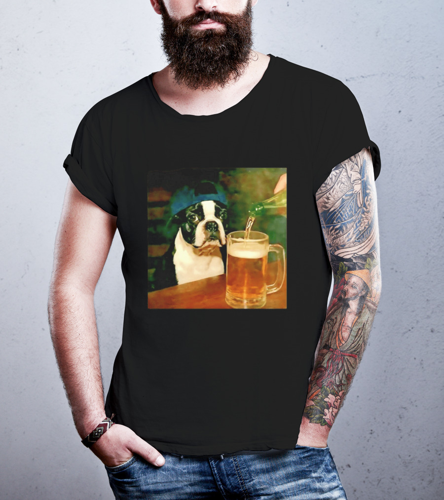 Boston Terrier Baseball Cap Drinking Beer T-Shirt