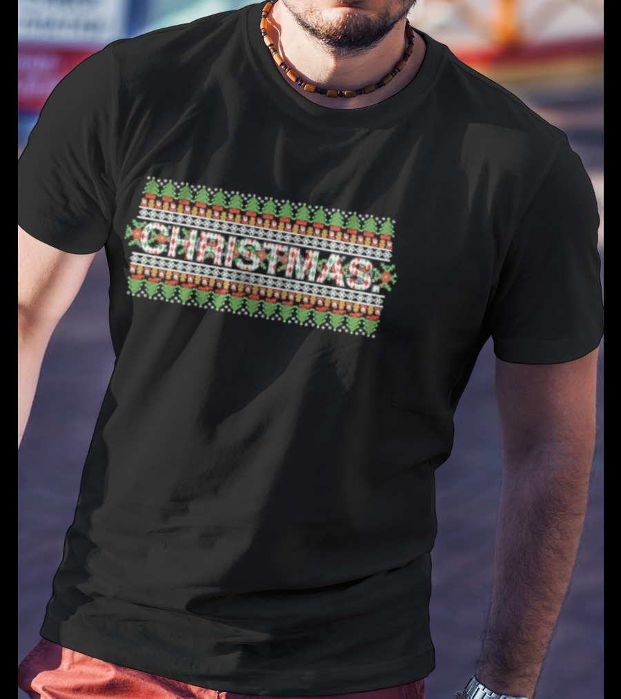 Santa And Cookie Christmas Ugly Sweater Pattern Holiday Festive Green Red T-Shirt