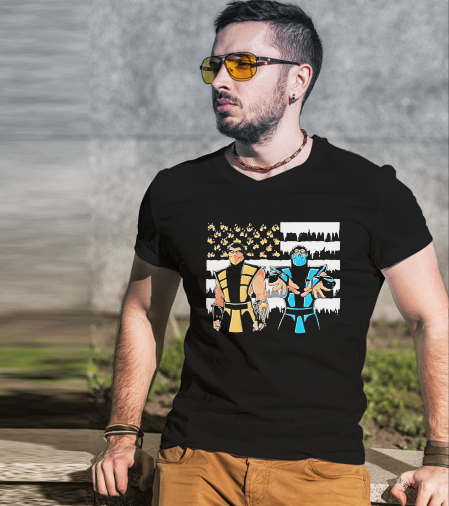 Mortal Kombat Scorpion Sub Zero Fire Ice American Flag T-Shirt
