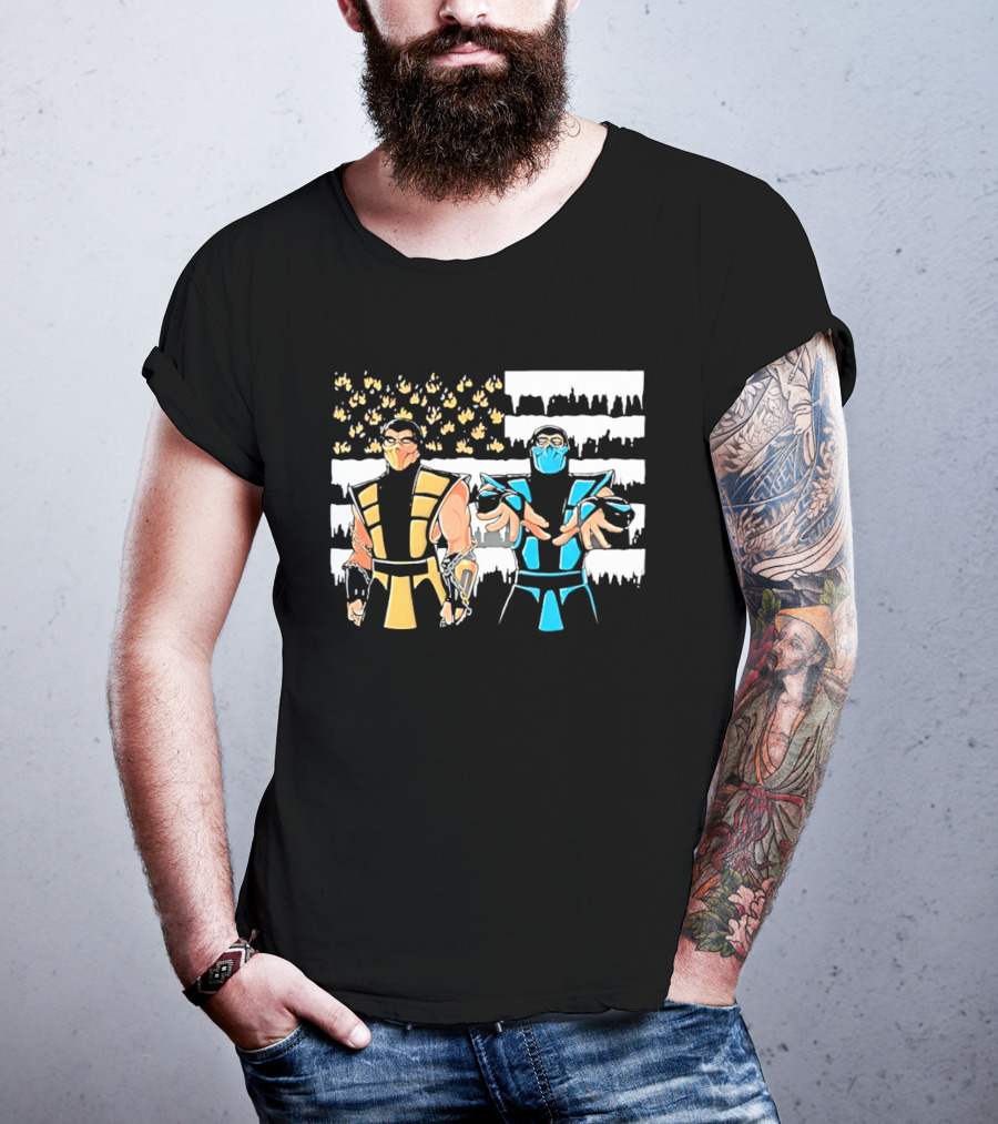 Mortal Kombat Scorpion Sub Zero Fire Ice American Flag T-Shirt