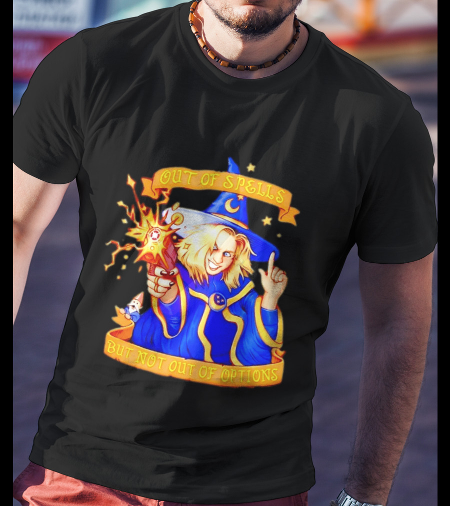 Greg The Sorcerer Out Of Spells Not Out Of Options Enchanting Wizard With Wand And Magic Aura T-Shirt