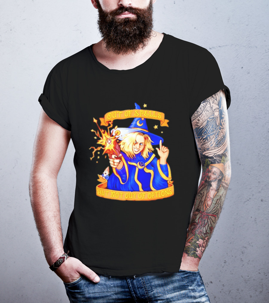 Greg The Sorcerer Out Of Spells Not Out Of Options Enchanting Wizard With Wand And Magic Aura T-Shirt