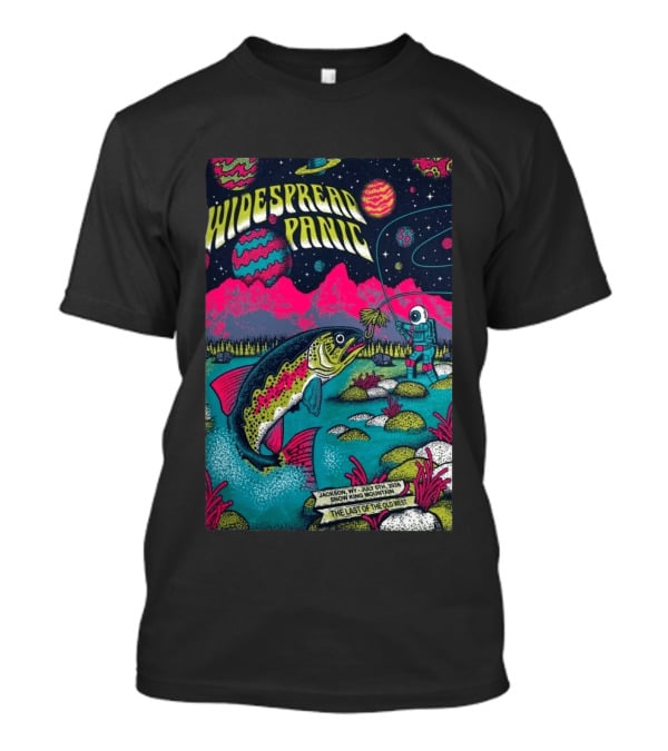 Widespread Panic Jul 5 2026 Snow King Mountain Jackson WY Cosmic Fishing Astronaut And Giant Fish Fantasy Scene T-Shirt
