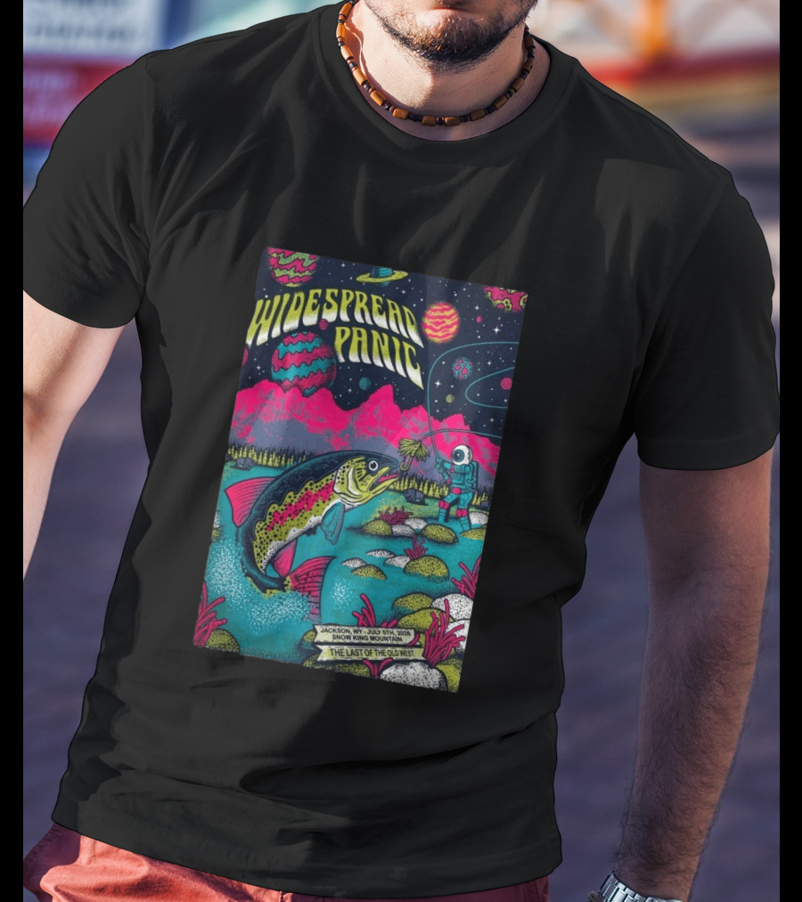 Widespread Panic Jul 5 2026 Snow King Mountain Jackson WY Cosmic Fishing Astronaut And Giant Fish Fantasy Scene T-Shirt