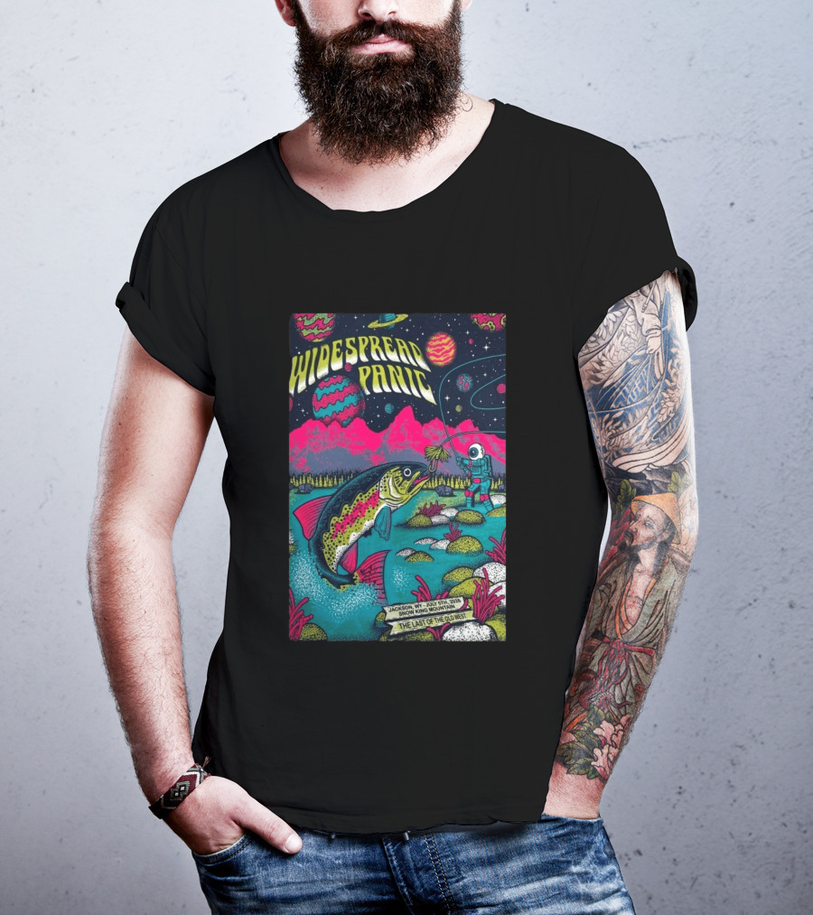 Widespread Panic Jul 5 2026 Snow King Mountain Jackson WY Cosmic Fishing Astronaut And Giant Fish Fantasy Scene T-Shirt