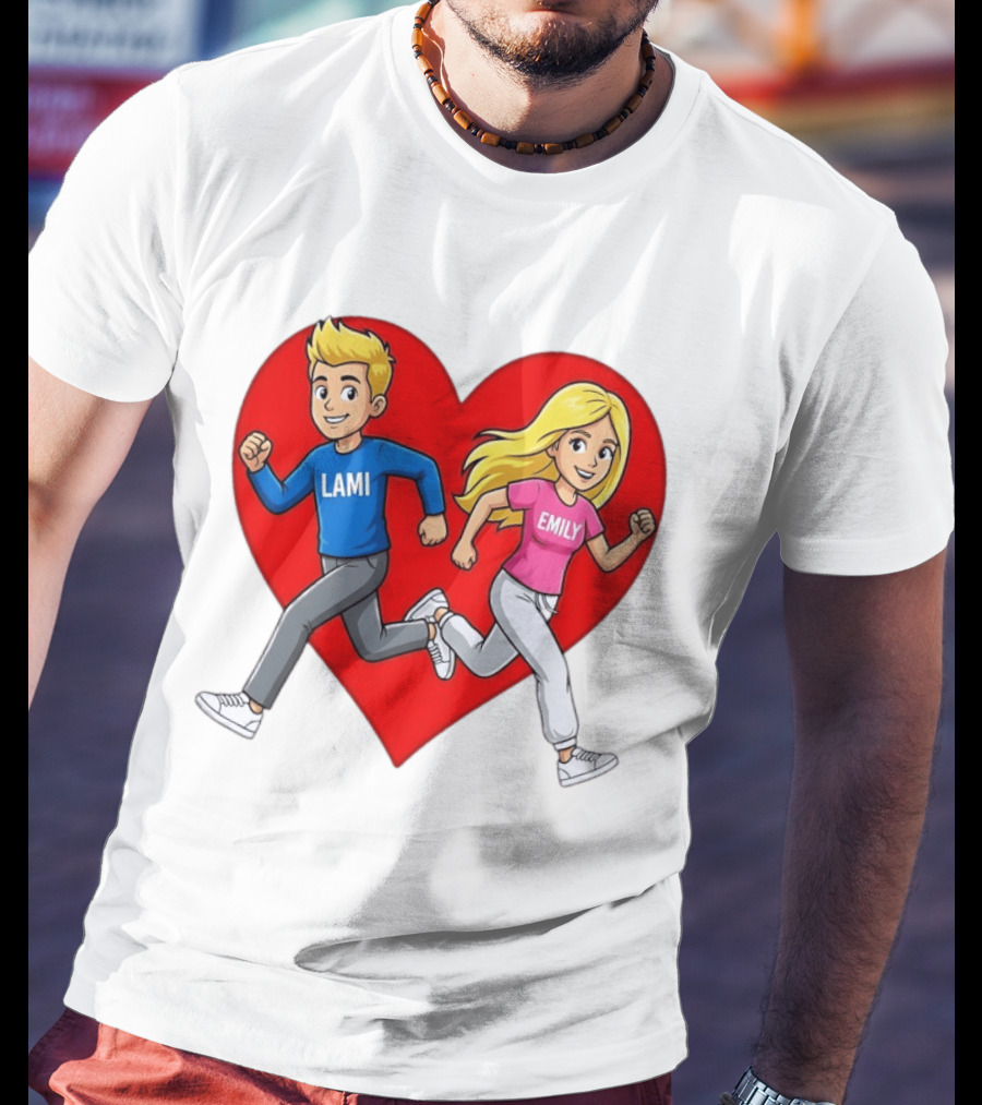 Lami And Emily Cartoon Couple Running With Heart T-Shirt