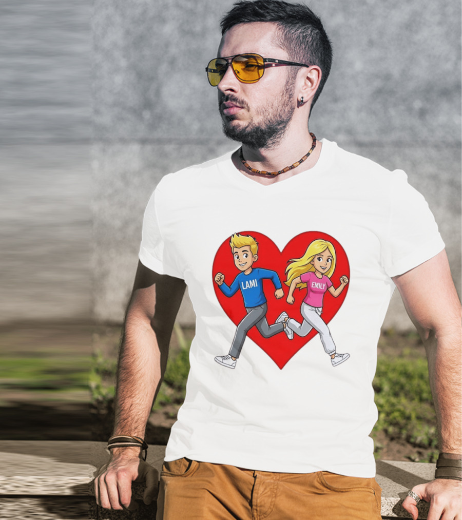 Lami And Emily Cartoon Couple Running With Heart T-Shirt