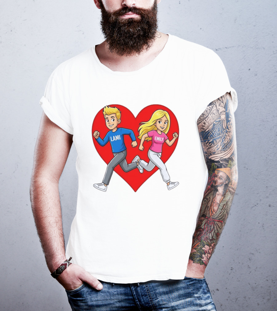Lami And Emily Cartoon Couple Running With Heart T-Shirt