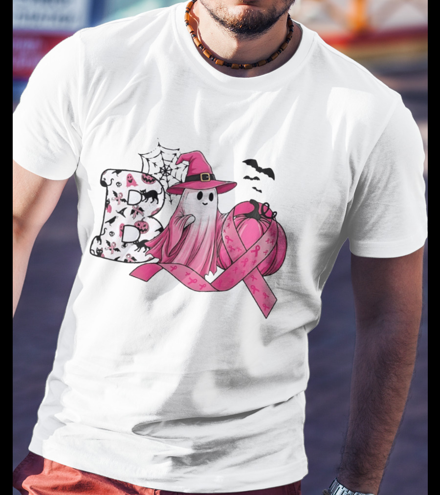 Boo Ghost Witch Pink Breast Cancer Ribbon Halloween Pumpkin T-Shirt