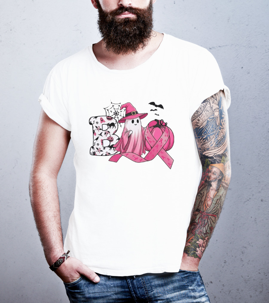 Boo Ghost Witch Pink Breast Cancer Ribbon Halloween Pumpkin T-Shirt